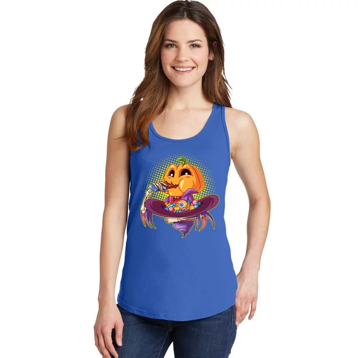 Funny Halloween Pumpkin Head Eating Candy Ladies Essential Tank