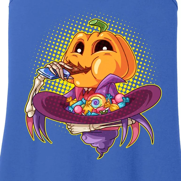 Funny Halloween Pumpkin Head Eating Candy Ladies Essential Tank