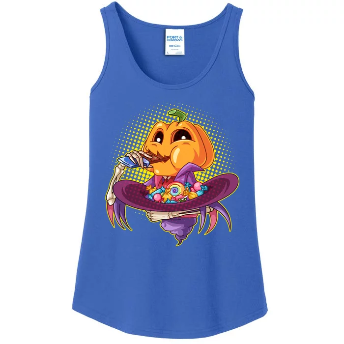 Funny Halloween Pumpkin Head Eating Candy Ladies Essential Tank