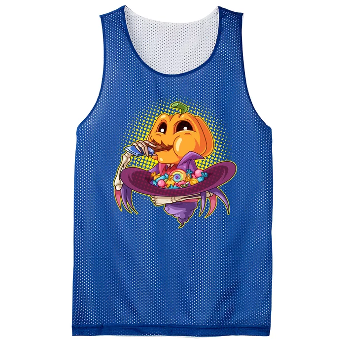 Funny Halloween Pumpkin Head Eating Candy Mesh Reversible Basketball Jersey Tank