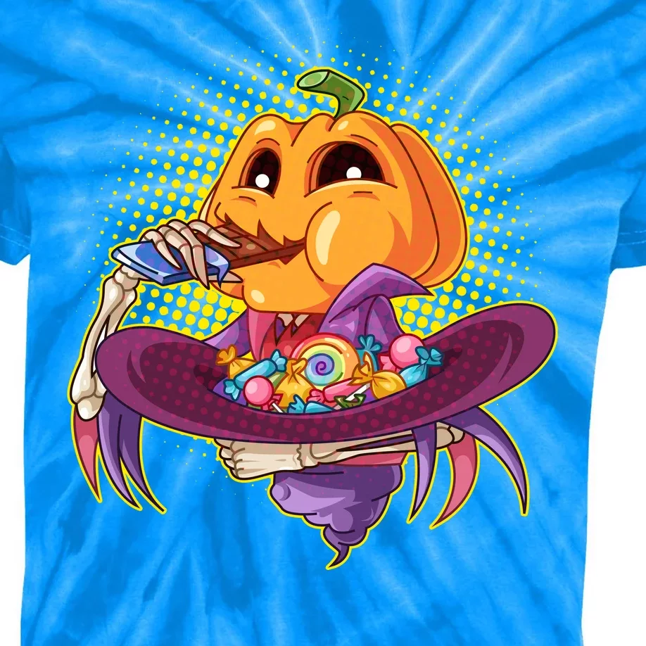 Funny Halloween Pumpkin Head Eating Candy Kids Tie-Dye T-Shirt