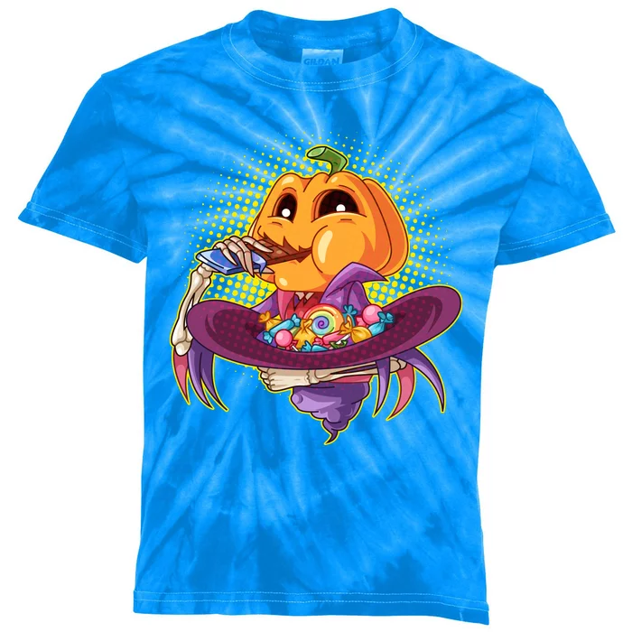 Funny Halloween Pumpkin Head Eating Candy Kids Tie-Dye T-Shirt