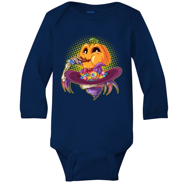 Funny Halloween Pumpkin Head Eating Candy Baby Long Sleeve Bodysuit