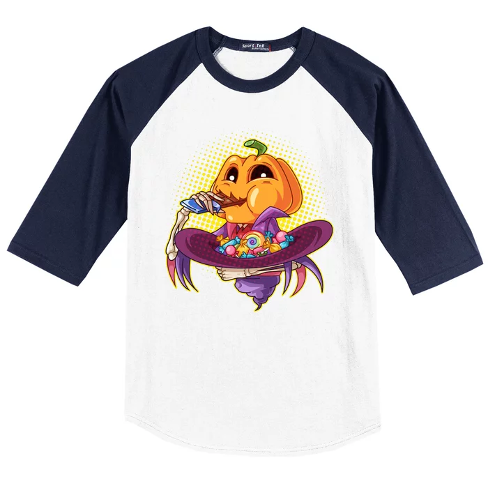 Funny Halloween Pumpkin Head Eating Candy Baseball Sleeve Shirt