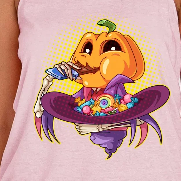 Funny Halloween Pumpkin Head Eating Candy Women's Knotted Racerback Tank