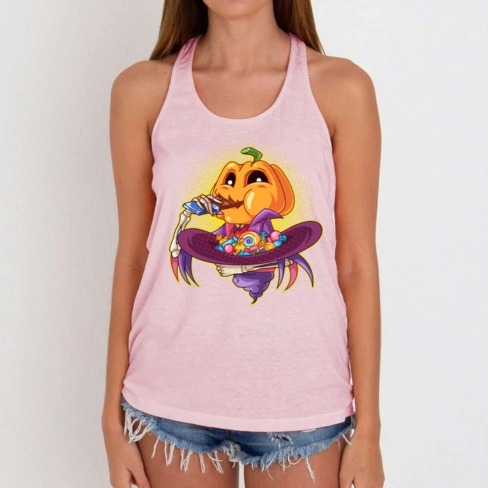 Funny Halloween Pumpkin Head Eating Candy Women's Knotted Racerback Tank