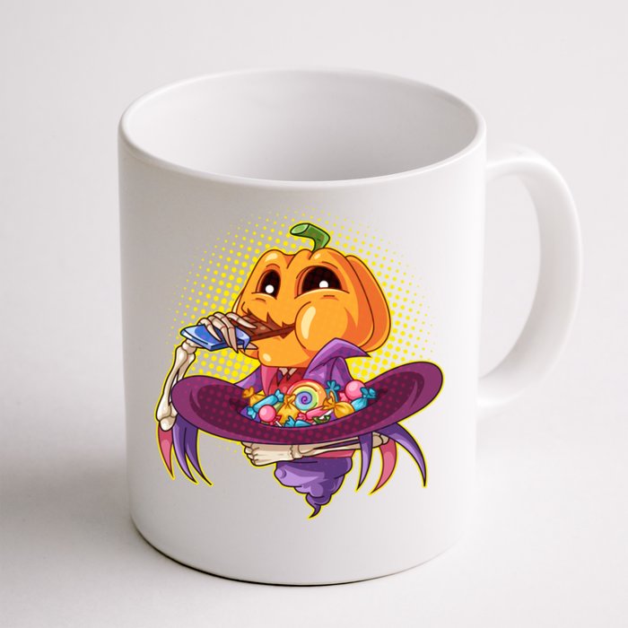 Funny Halloween Pumpkin Head Eating Candy Front & Back Coffee Mug