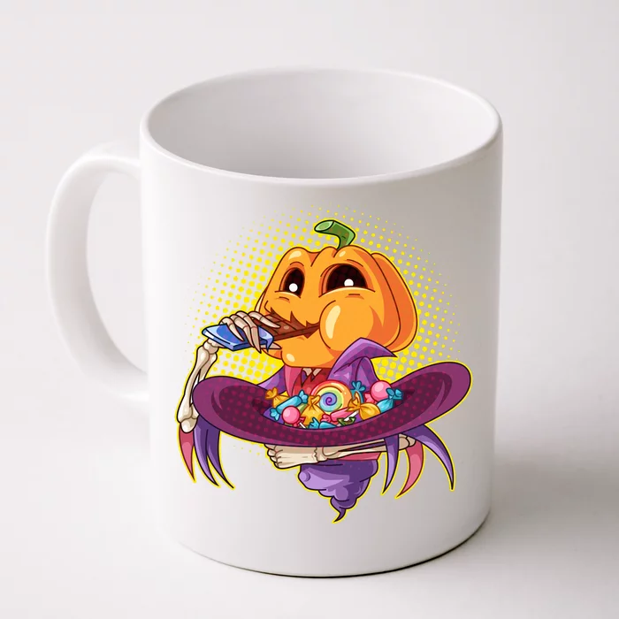 Funny Halloween Pumpkin Head Eating Candy Front & Back Coffee Mug