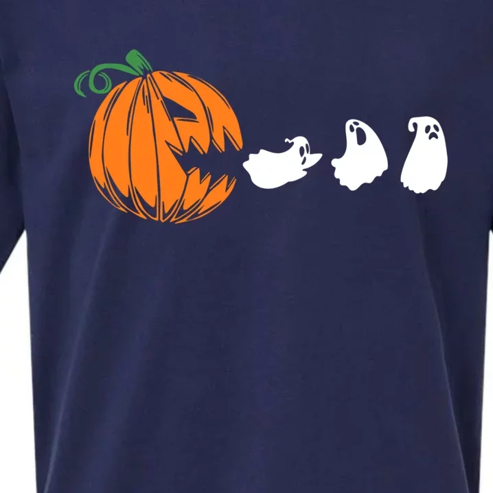 Funny Halloween Pumpkin Eating Ghost Gamer Cute Gift Sueded Cloud Jersey T-Shirt