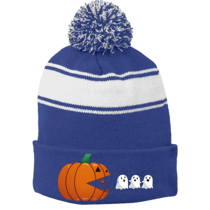 Funny Halloween Pumpkin Eating Ghost Gamer Cute Gift Stripe Pom Pom Beanie