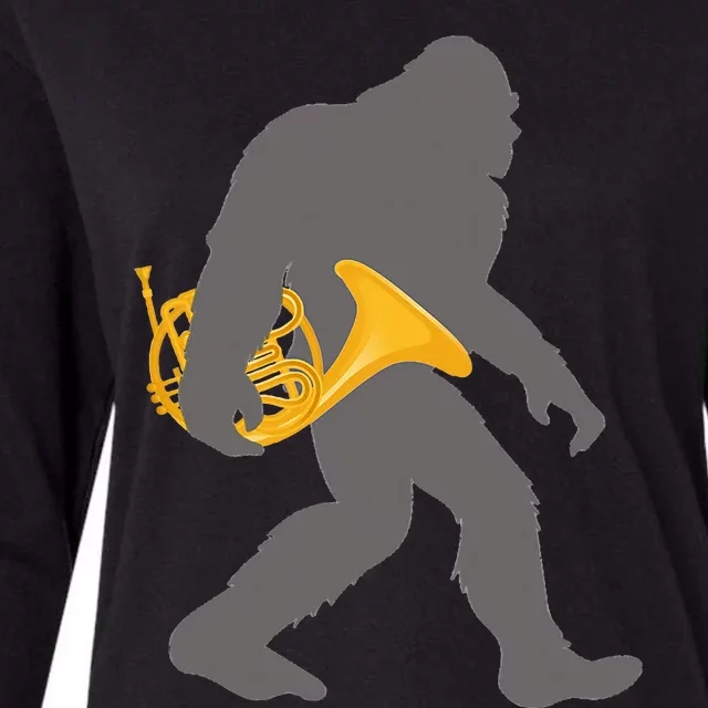 Funny Horn Player Bigfoot Musician With French Horn Womens Cotton Relaxed Long Sleeve T-Shirt