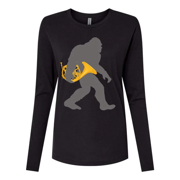 Funny Horn Player Bigfoot Musician With French Horn Womens Cotton Relaxed Long Sleeve T-Shirt