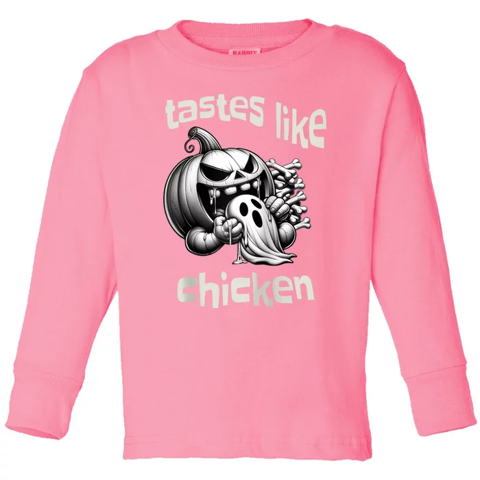 Funny Halloween Pumpkin Eating Ghost Tastes Like Chicken Toddler Long Sleeve Shirt