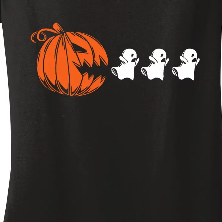 Funny Halloween Pumpkin Eating Ghost Gamer Women's V-Neck T-Shirt