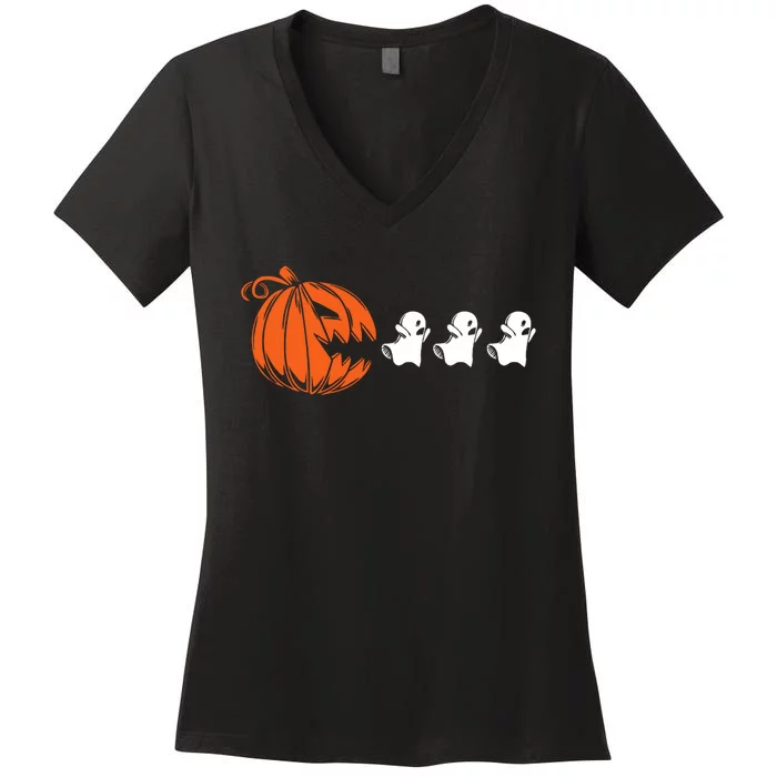 Funny Halloween Pumpkin Eating Ghost Gamer Women's V-Neck T-Shirt