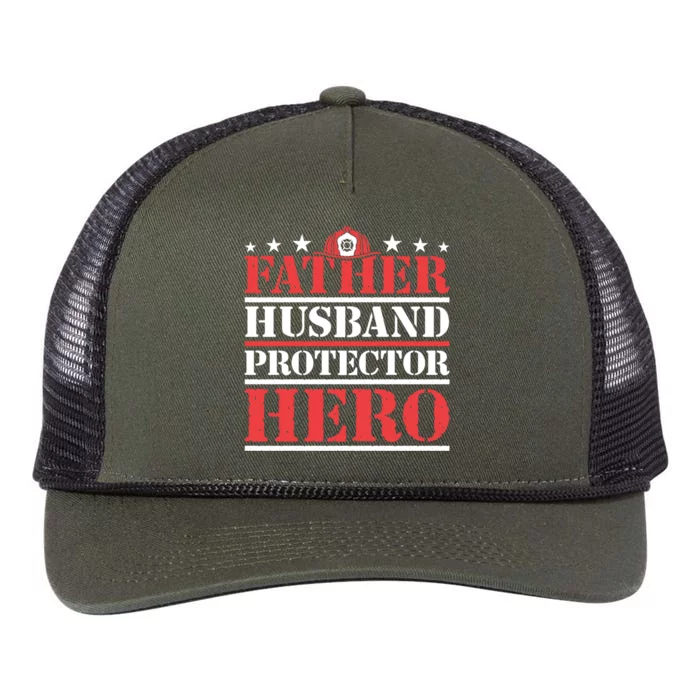 Father Husband Protector Hero Fire Dad Daddy Fathers Day Gift Retro Rope Trucker Hat Cap