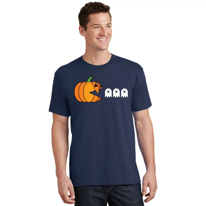 Funny Halloween Pumpkin Eating Ghost Gamer Kids T-Shirt