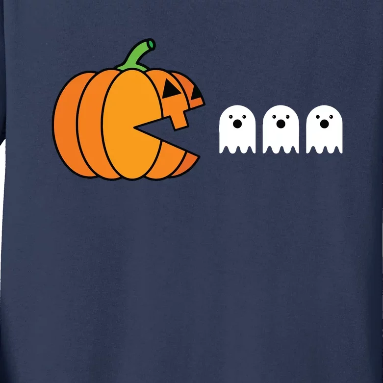 Funny Halloween Pumpkin Eating Ghost Gamer Kids Kids Long Sleeve Shirt