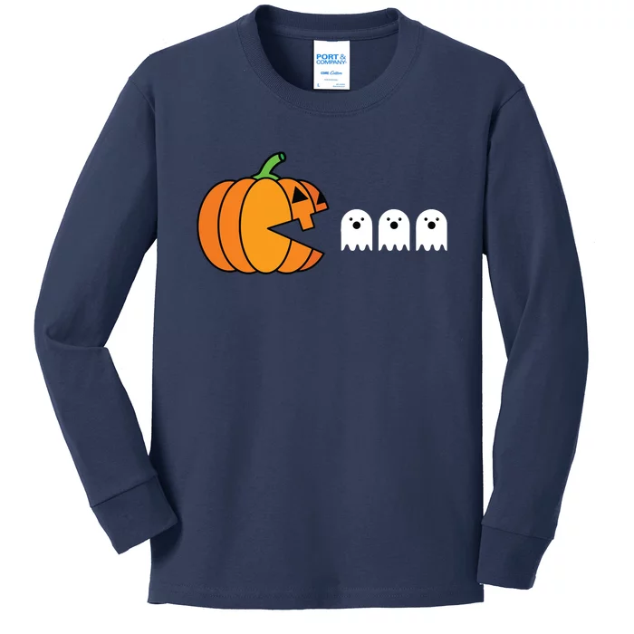 Funny Halloween Pumpkin Eating Ghost Gamer Kids Kids Long Sleeve Shirt