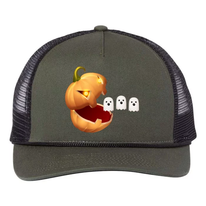 Funny Halloween Pumpkin Eating Ghost Retro Rope Trucker Hat Cap