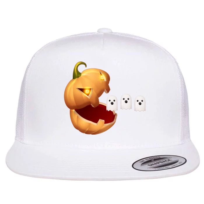 Funny Halloween Pumpkin Eating Ghost Flat Bill Trucker Hat