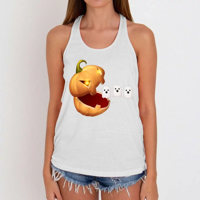 Funny Halloween Pumpkin Eating Ghost Women's Knotted Racerback Tank