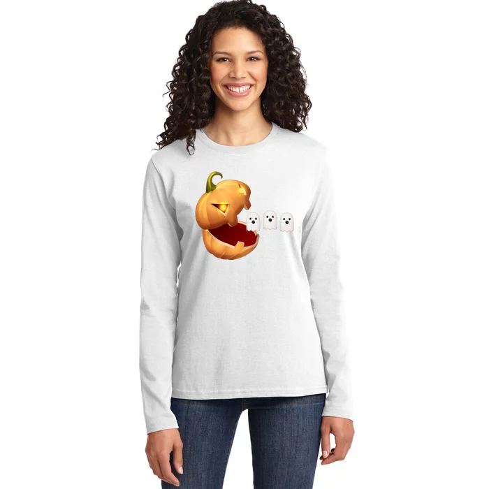 Funny Halloween Pumpkin Eating Ghost Ladies Long Sleeve Shirt