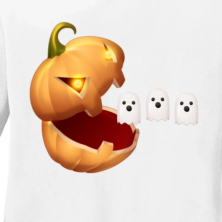 Funny Halloween Pumpkin Eating Ghost Ladies Long Sleeve Shirt