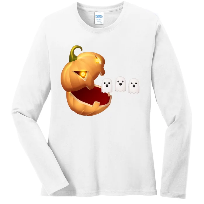 Funny Halloween Pumpkin Eating Ghost Ladies Long Sleeve Shirt