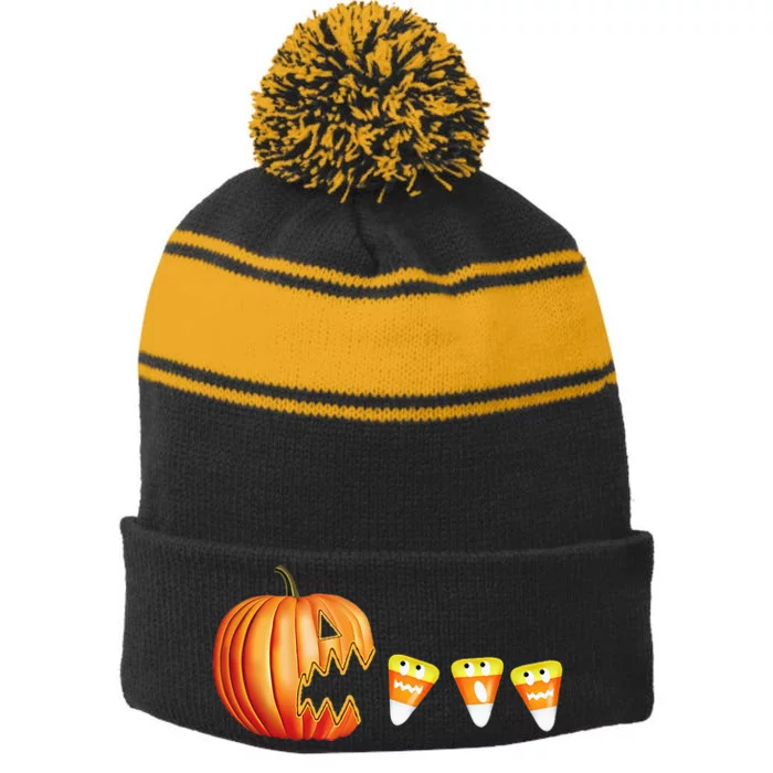 Funny Halloween Pumpkin Jack O Lantern Eating Candy Corn Stripe Pom Pom Beanie