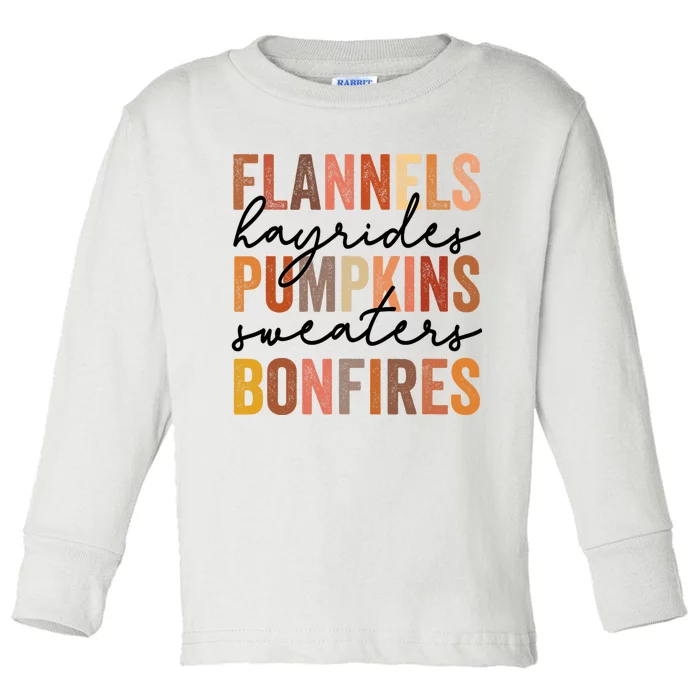 Flannels Hayrides Pumpkins Vintage Sweaters Bonfires Autumn Toddler Long Sleeve Shirt