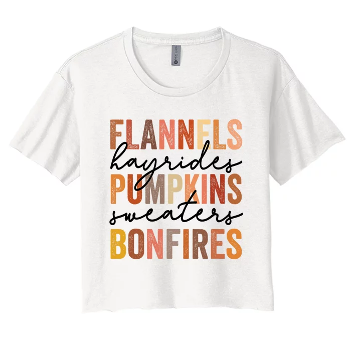 Flannels Hayrides Pumpkins Vintage Sweaters Bonfires Autumn Women's Crop Top Tee