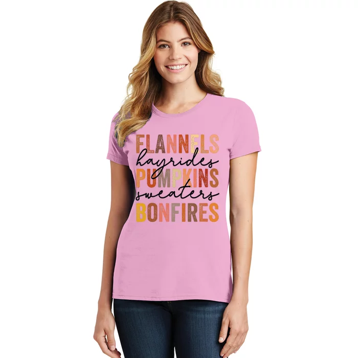 Flannels Hayrides Pumpkins Vintage Sweaters Bonfires Autumn Women's T-Shirt