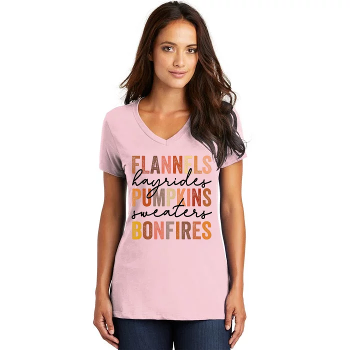 Flannels Hayrides Pumpkins Vintage Sweaters Bonfires Autumn Women's V-Neck T-Shirt