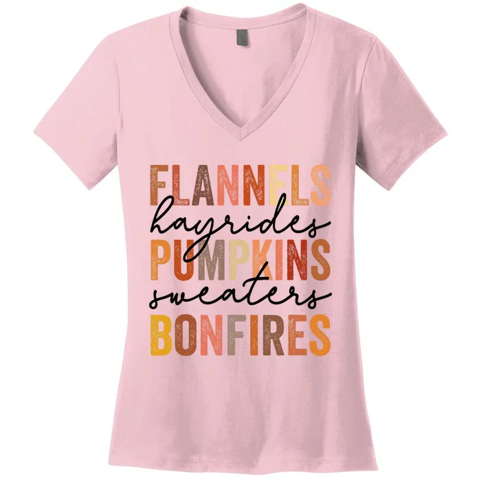 Flannels Hayrides Pumpkins Vintage Sweaters Bonfires Autumn Women's V-Neck T-Shirt