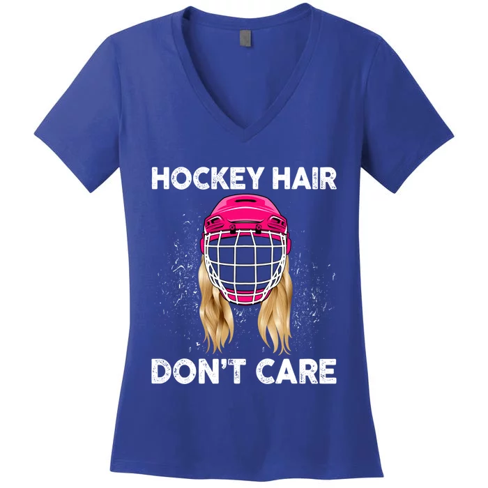 Funny Hockey Player Hockey Hair Dont Care Funny Gift Women's V-Neck T-Shirt