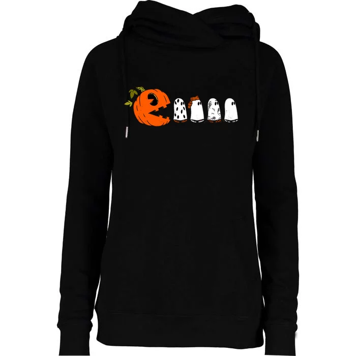 Funny Halloween Pumpkin Ghosts Retro Gamer Womens Funnel Neck Pullover Hood