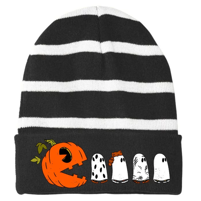 Funny Halloween Pumpkin Ghosts Retro Gamer Striped Beanie with Solid Band