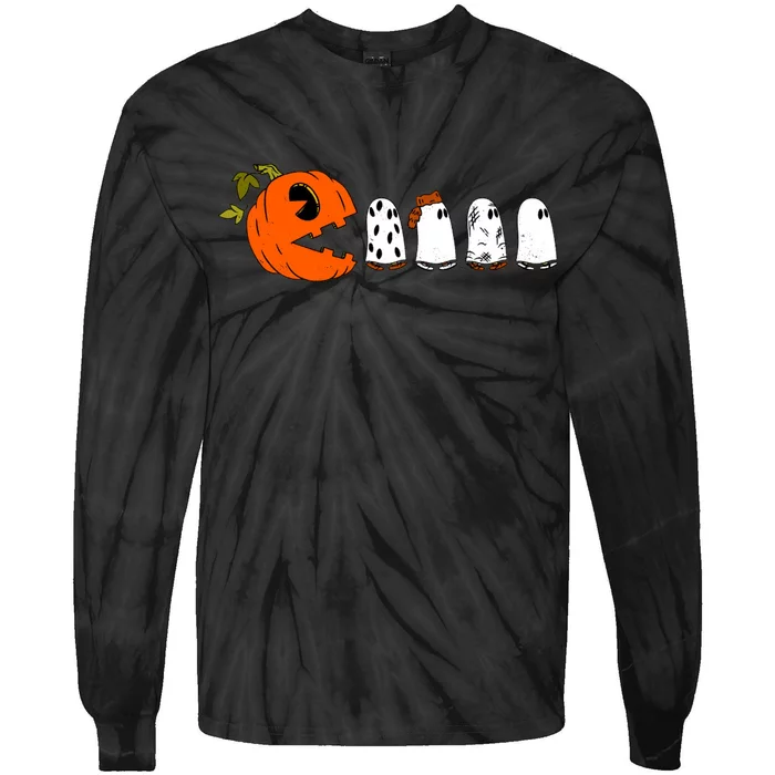 Funny Halloween Pumpkin Ghosts Retro Gamer Tie-Dye Long Sleeve Shirt