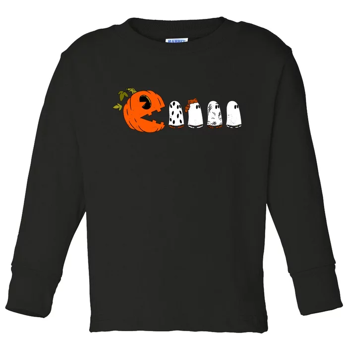 Funny Halloween Pumpkin Ghosts Retro Gamer Toddler Long Sleeve Shirt