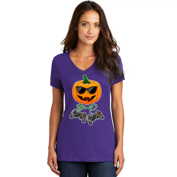 Funny Halloween Pumpkin Video Gamer Women's V-Neck T-Shirt