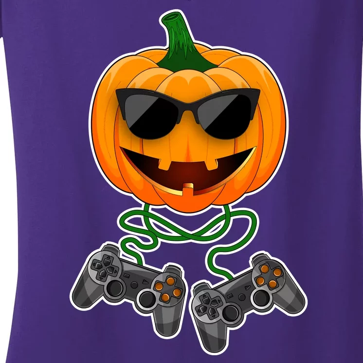 Funny Halloween Pumpkin Video Gamer Women's V-Neck T-Shirt