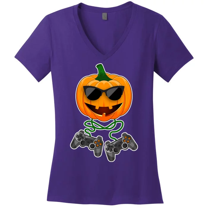 Funny Halloween Pumpkin Video Gamer Women's V-Neck T-Shirt