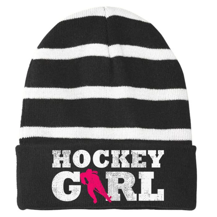 Field Hockey  Player Silhouette Sport Gift Striped Beanie with Solid Band