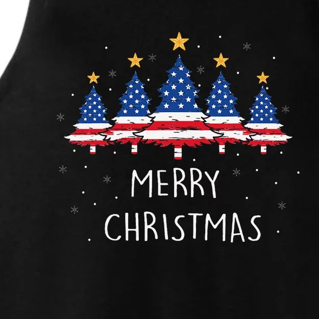 Festive Holiday Pajamas with American Flag Christmas Tree Ladies Tri-Blend Wicking Tank