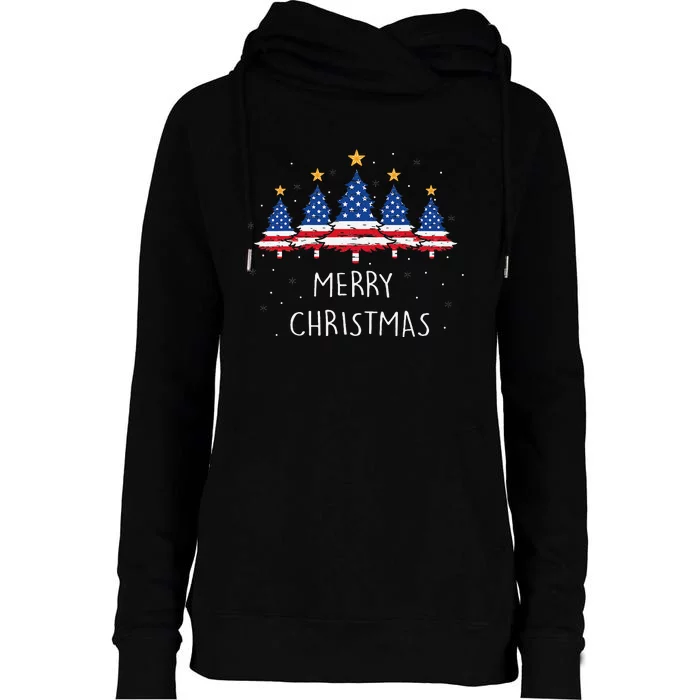 Festive Holiday Pajamas with American Flag Christmas Tree Womens Funnel Neck Pullover Hood