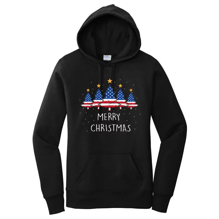 Festive Holiday Pajamas with American Flag Christmas Tree Women's Pullover Hoodie