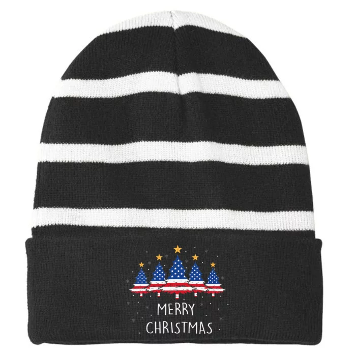 Festive Holiday Pajamas with American Flag Christmas Tree Striped Beanie with Solid Band