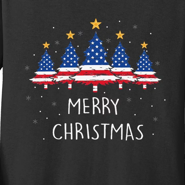 Festive Holiday Pajamas with American Flag Christmas Tree Kids Long Sleeve Shirt