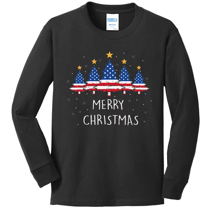 Festive Holiday Pajamas with American Flag Christmas Tree Kids Long Sleeve Shirt